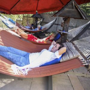 girls relaxing in hammock garden at Osmosis Day Spa